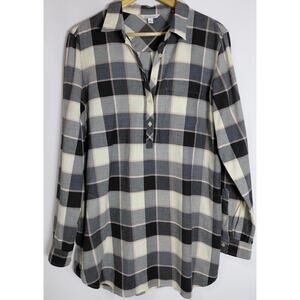 BEAN SIGNATURE Plaid Cotton Shirt Black White Woven Long Sleeve Women Size L